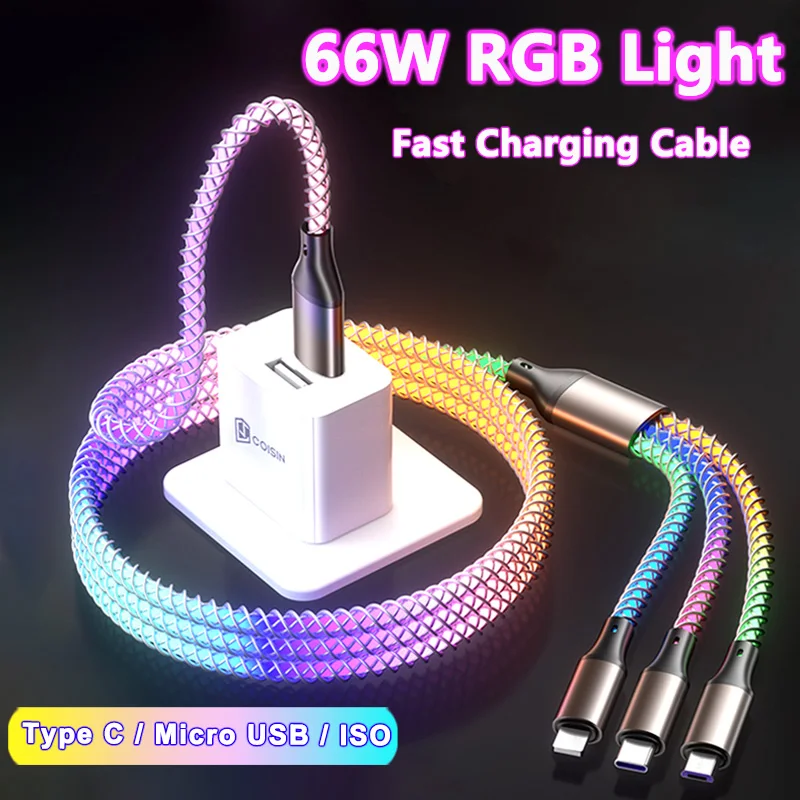 3 w 1 66W 6A RGB Color Light Micro USB Type C Kabel do szybkiego ładowania Xiaomi Samsung Huawei Iphone Samochodowy przewód do ładowania — zdjęcie 3