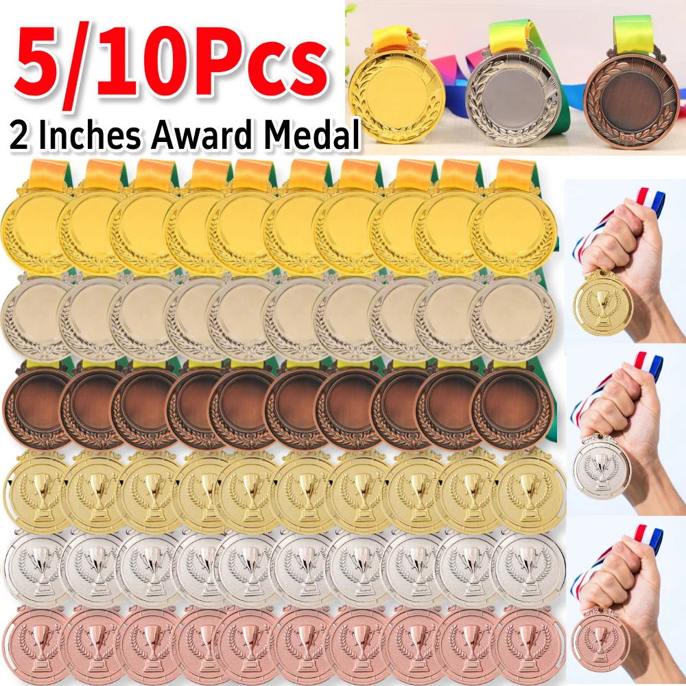 

5/10 шт. 2-дюймовая пустая награда золотого, серебряного бронзы с лентой на шею, индивидуальный подарок для вечеринок, соревнований, сувенир