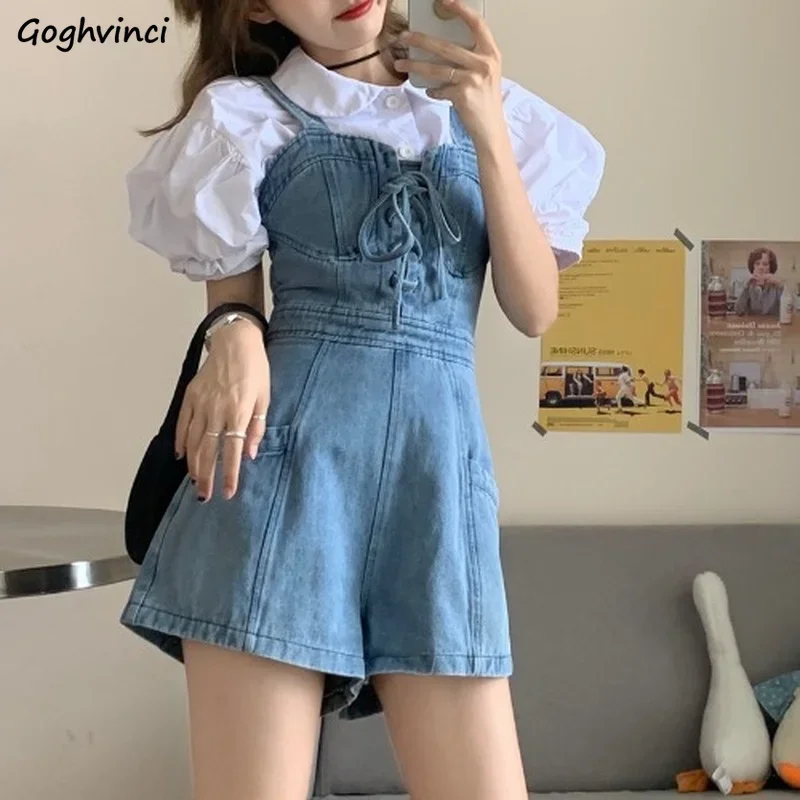 Rompers Women Bandage Girl Denim Sweet College Fresh Stylish Ulzzang Summer New Arrival Chic High Waist Trendy Casual Daily Hot