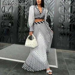 TWOTWINSTYLE Hit Color Striped Two Piece Sets For Women V Neck Lantern Sleeve Top High Waist A Line Skirt Vintage Set Female New