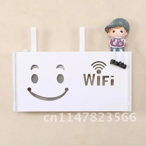 Multifunction Shelf Wireless Wifi Router Box PVC Wall Shelf Hanging Plug Board Bracket Storage Box Bins Smile Cat Pattern #