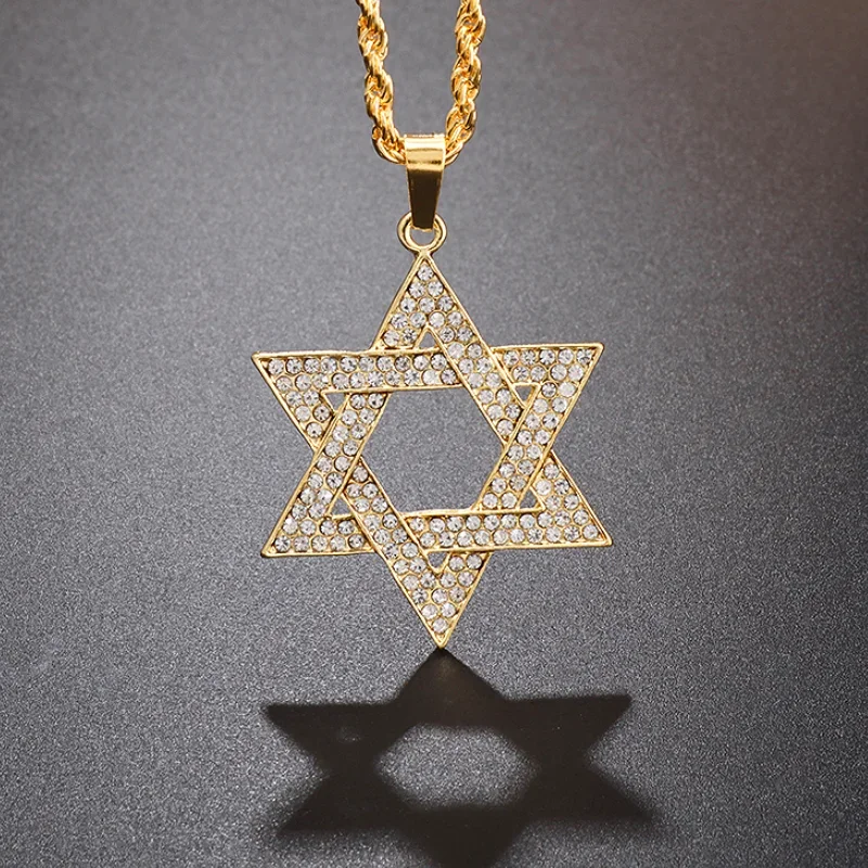 Star of David Hexagonal Zircon Necklace Jewish Hip Hop Style Jewelry Gift Accessories for Men and Women