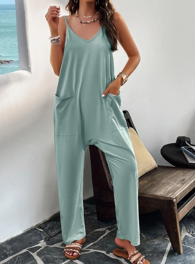 Nieuwe Mode 2024 Zomer Casual Lange Jumpsuits Mouwloze V-Hals Effen Kleur Zak Slim Fit Jumpsuit Sexy Elegante Eendelig