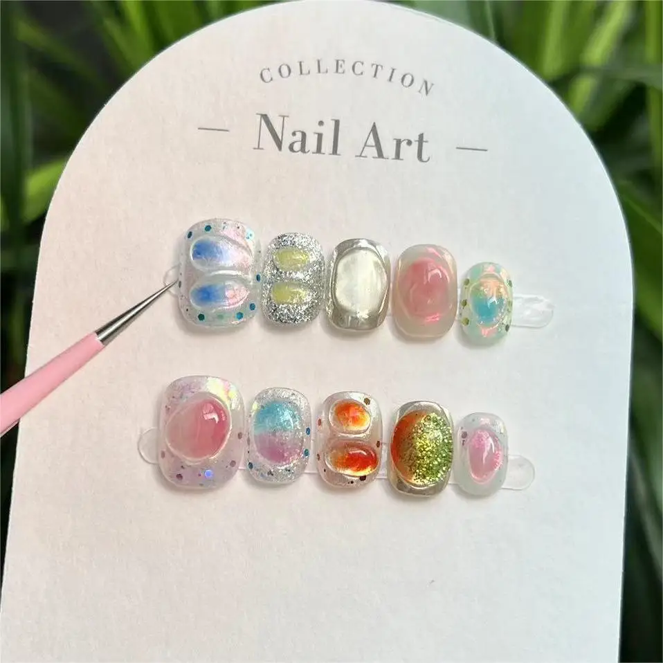 

10PCS Candy Dopamine Short Square Round False Nail Cute Cartoon Glitter Pattern Handmade Press on Nails Full Cover Wearable Tips
