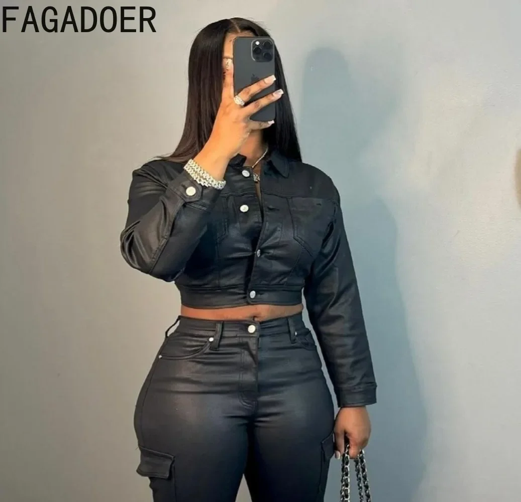 FAGADOER Y2K Punk Leather 2 Piece Sets Women Outfit Fashion Long Sleeve Buttons Crop Jacket And High Waisted Flare Pants Suit