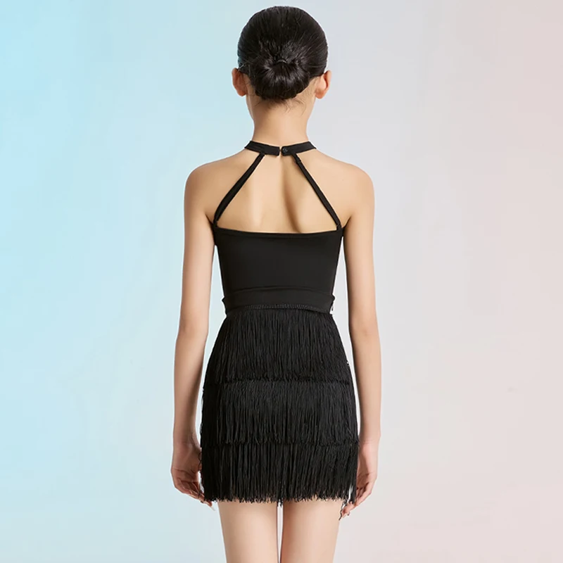 子供ラテンダンス衣装女の子チャチャサンバサルサパフォーマンス服ホルターボディスーツフリンジスカートラテントレーニングダンスウェア2080
