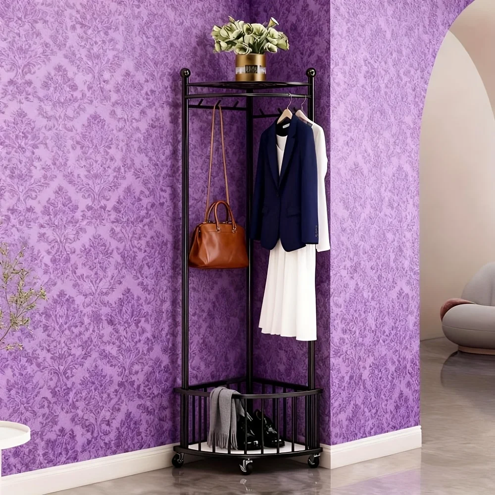 Metal Triangular Coat Rack with Hooks and Wheels for Easy Mobility. Features Storage Space Above  Below. Corner-friendly Design
