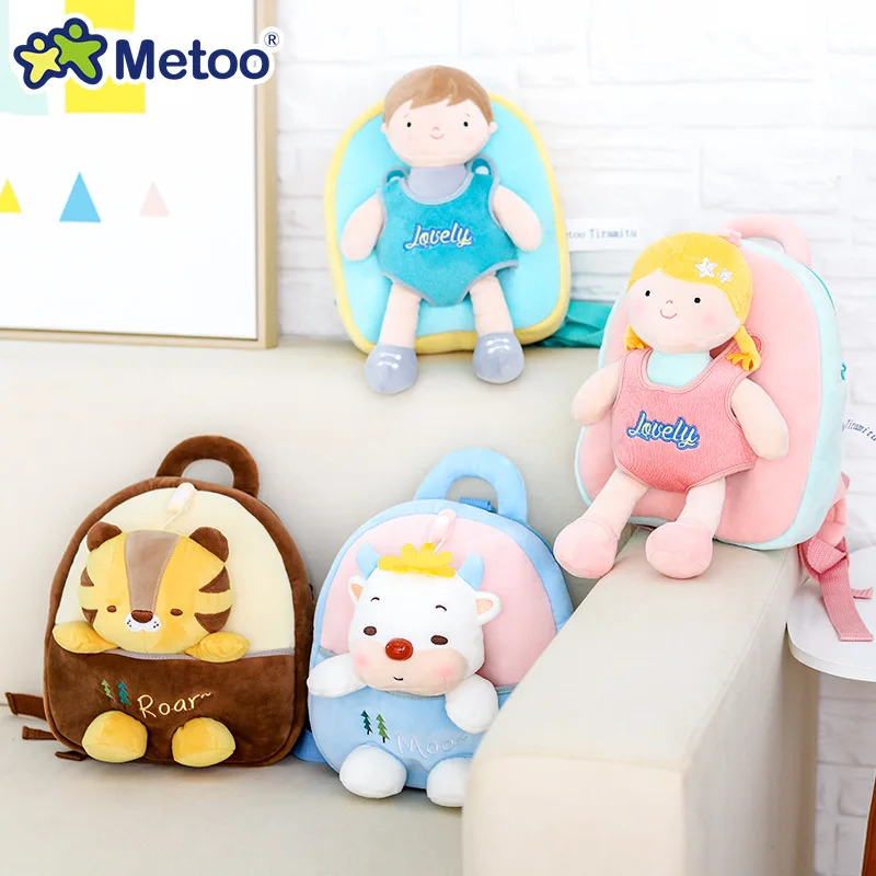 Metoo menina menino boneca mochila tigre vaca macio pelúcia animal brinquedo menina menino mochila saco aniversário presente de natal 1pc