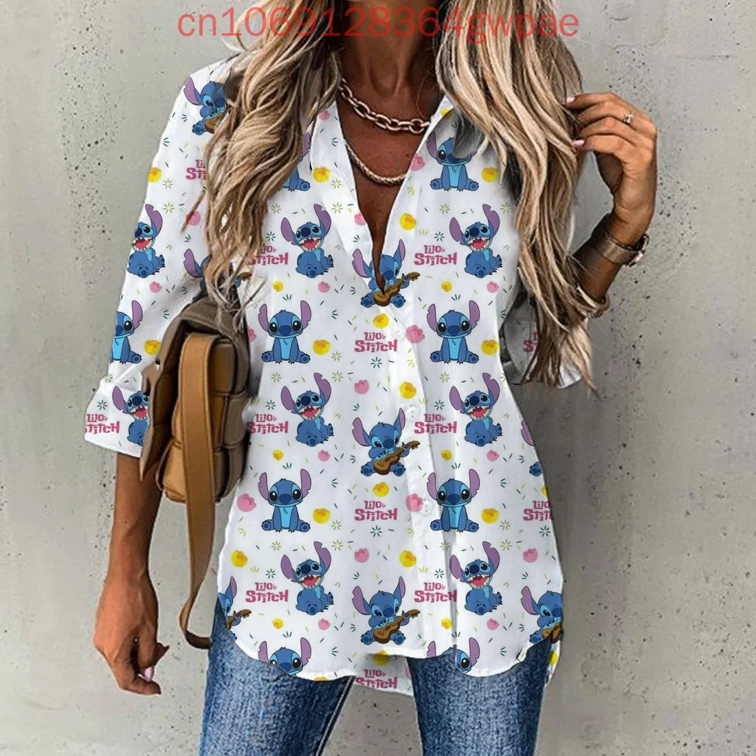 2025 Disney Stitch Casual blouse Dames shirt met lange mouwen Knopvest Elegant 3D Ademend Dames Hawaiiaanse shirts Tops