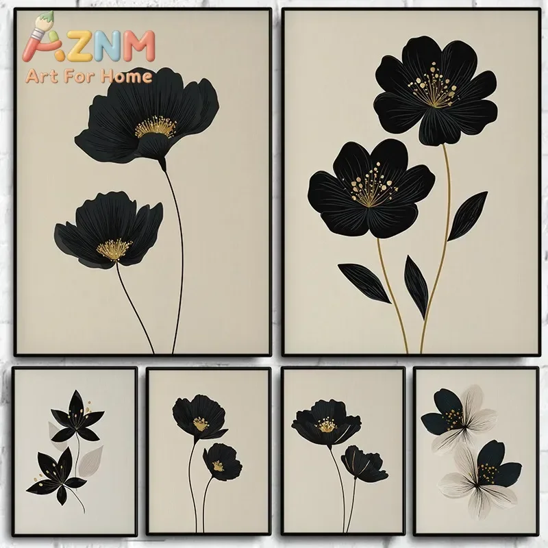 1pc Frameless Canvas Abstract Modern Beige Black and White Flower Poster Minimalist Botanical Boho Wall Art Living Room Home