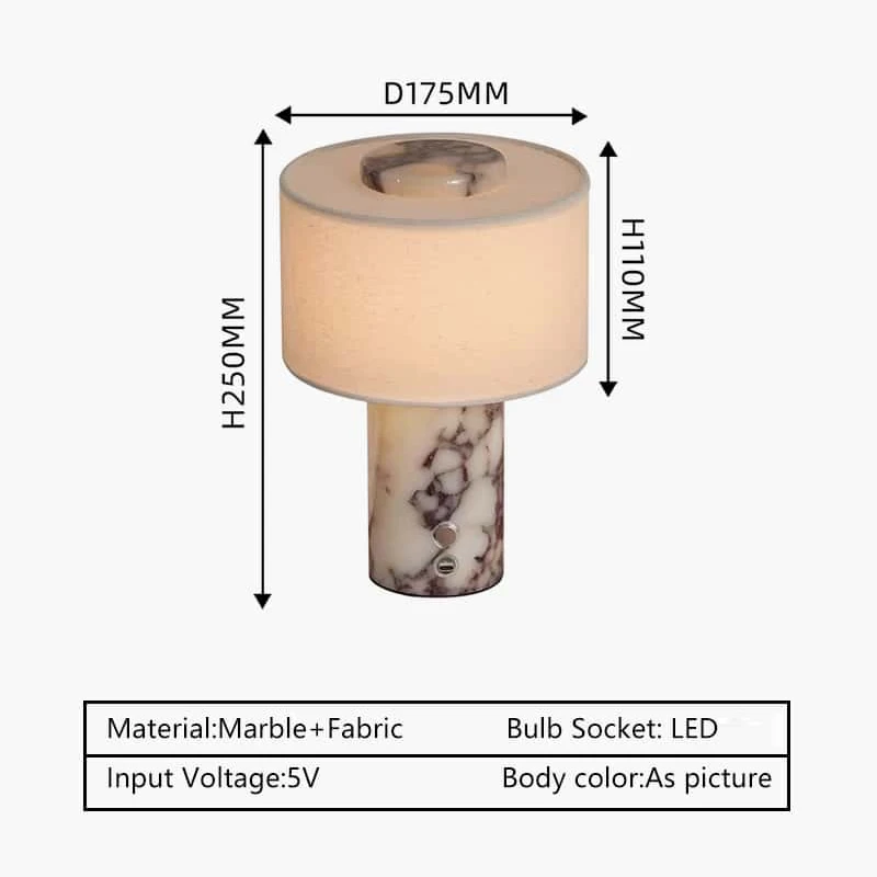 Modern Simple Marble Table Lamp with Fabric Shade Battery Powered LED Bedside Lamp