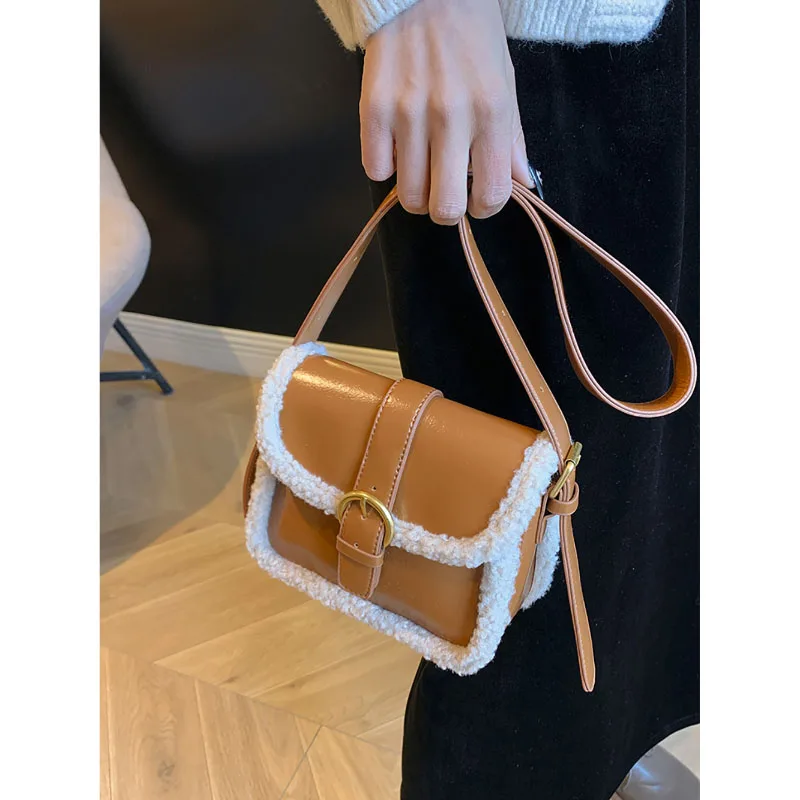 Retro Plush Crossbody Bag Fashion Korean Lamb Wool Splice Shoulder Bag Leather Texture Women Pop New High-Grade Small Square Bag