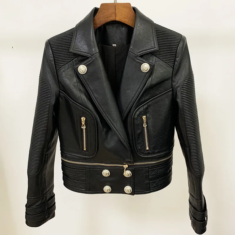 

2023 Autumn Winter New British Style Women's PU Jacket Detachable Bottom Lion Head Button Motorcycle Leather Coat Outwear Black