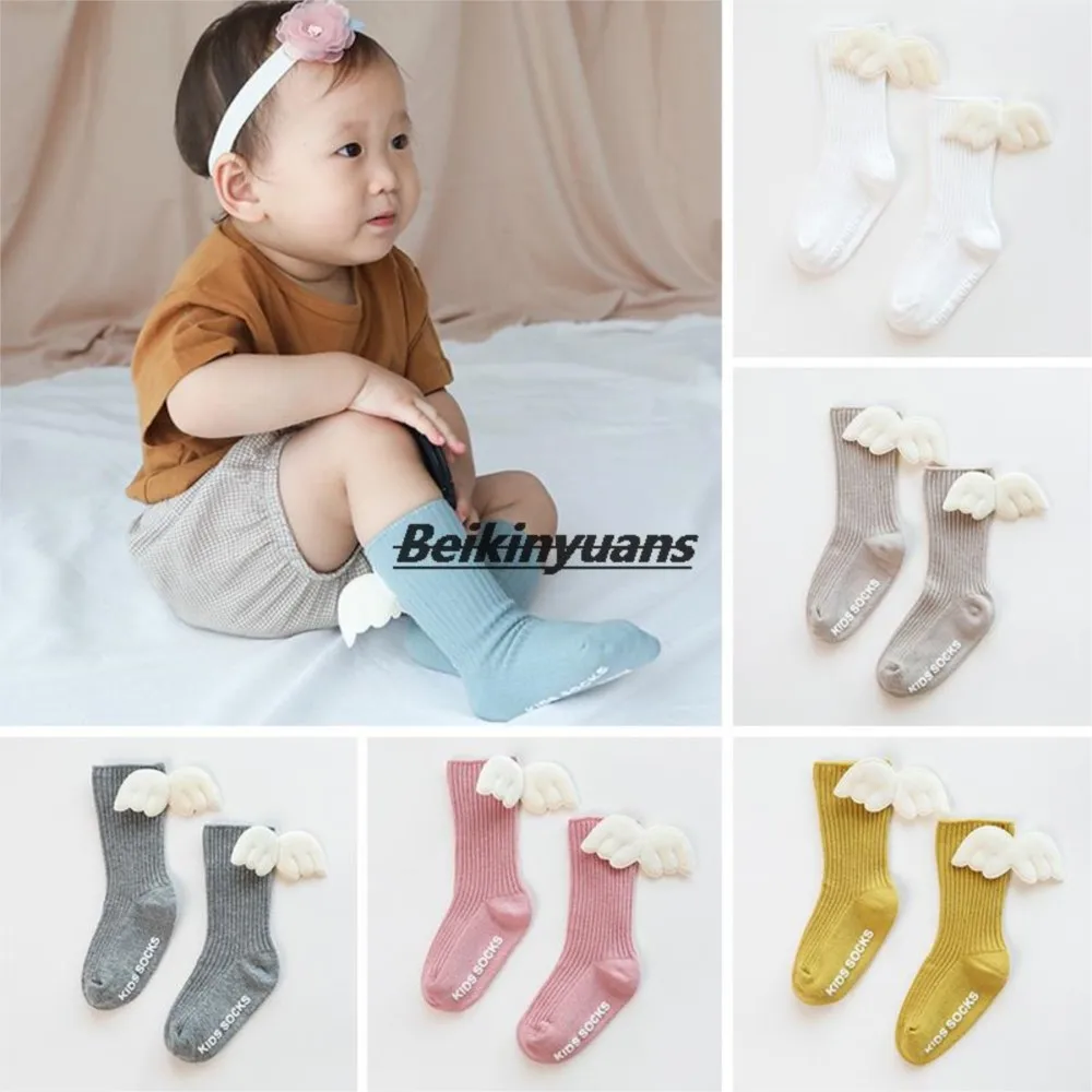 

Angel Wings Baby Socks Spring Autumn Cotton Baby Girls Socks Solid Color Anti-Slip Kids Children Middle Tube Sock Sokken 1-3Y