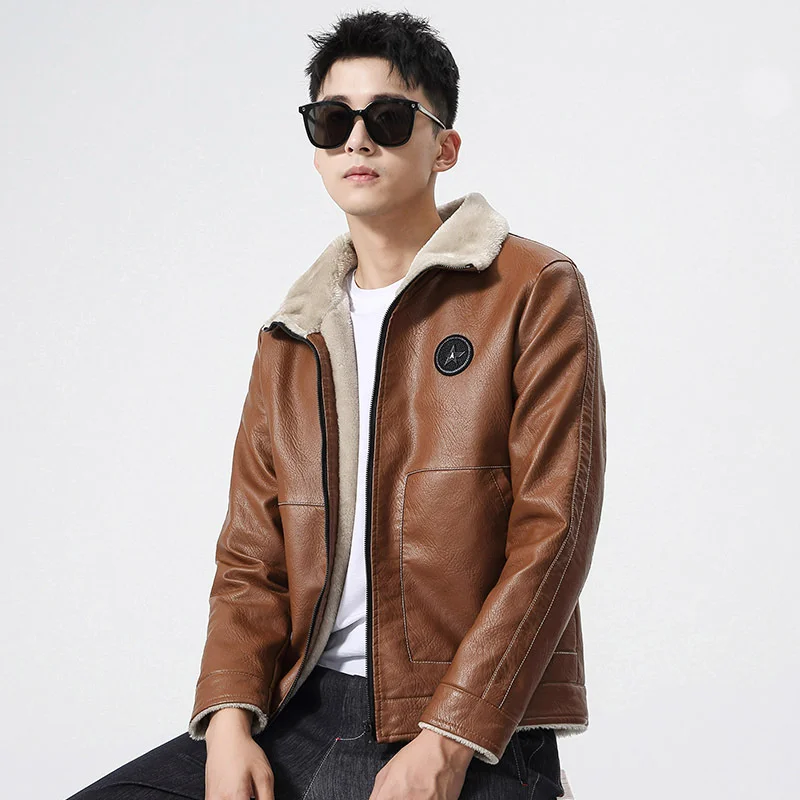 Men's PU Leather Jacket Male Winter Thick Fleece Coats Turn-down Collar Fur Lined Single Breasted Overcoat Coat