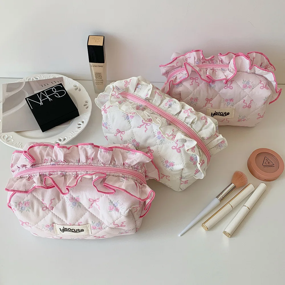 Lace Bow Makeup Bag, Student Quilted Pencil Case with Ribbon, Portable Toiletry Bag Travel Cosmetic Pouch Organizer