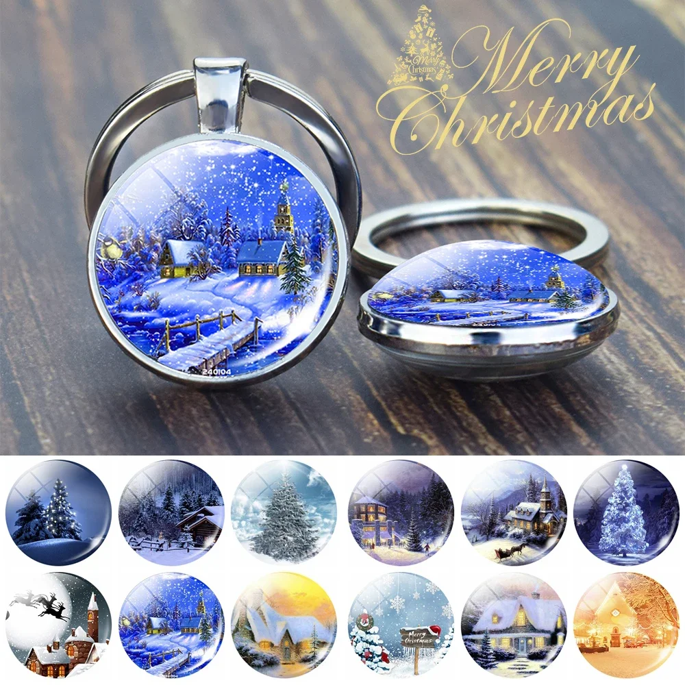 Christmas Tree Snowhouse Santa Claus Cute Keychains Double Sided Glass Dome Pendant Key Chain Merry Christmas Jewelry Keyring