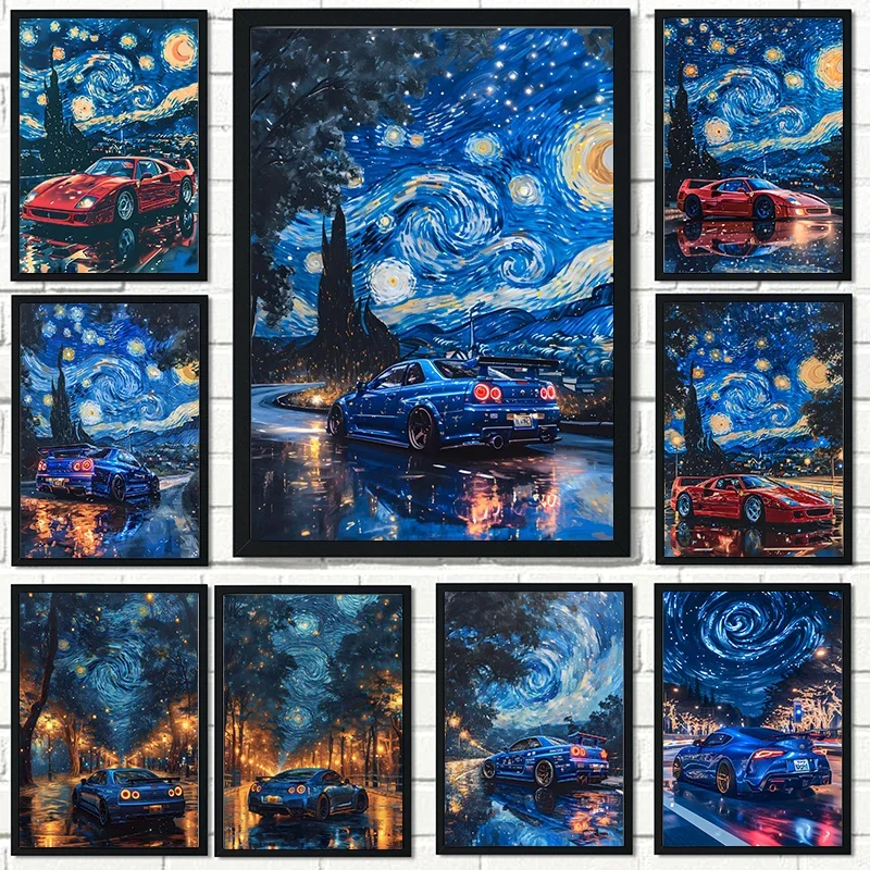 سيارة يابانية فاخرة GTR R35 ليلة القمر السماء المرصعة بالنجوم المشارك المشهد فوجي جبل حائط لوح رسم الفن طباعة ديكور المنزل