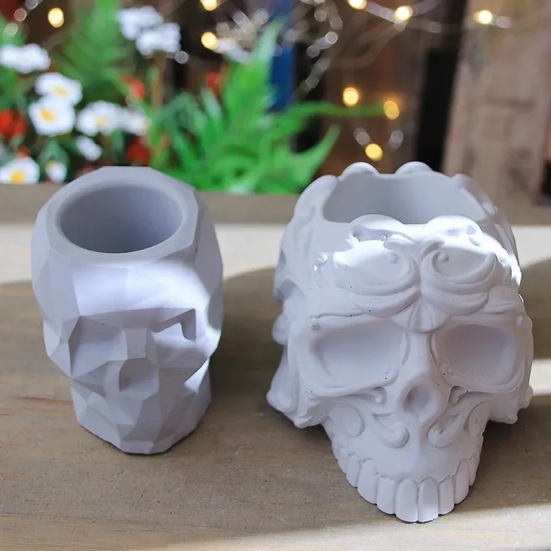Cement Concrete Skull Candle Holder Succulent Flower Pot Silicone Mold Drop Glue Storage Box Jewelry - Unique Home Decor
