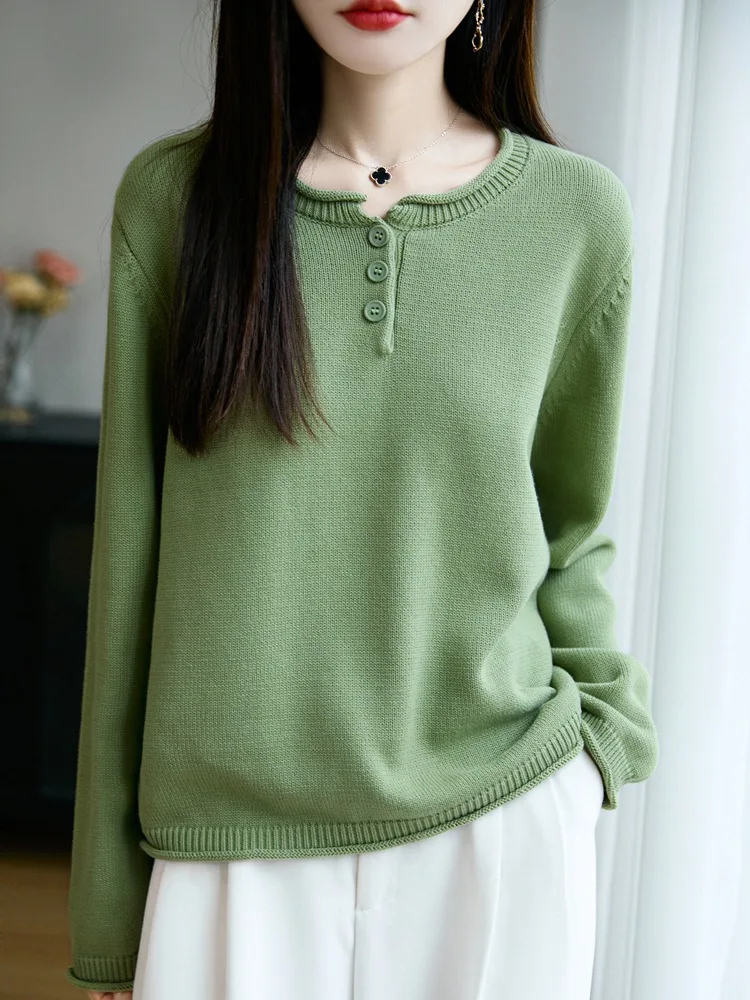 Basic-Hemd mit Bündchen und Rand, eleganter Pendler-Stil, Herbst-Winter, neuer lockerer Langarm-Strickpullover mit Rundhalsausschnitt, reines Baumwollgarn