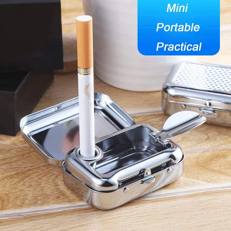 Portable Ashtray Stainless Steel Pocket Mini  Ashtray With Lid Cigarette Ashtray Metal Container For Smoking Home Outdoor Travel