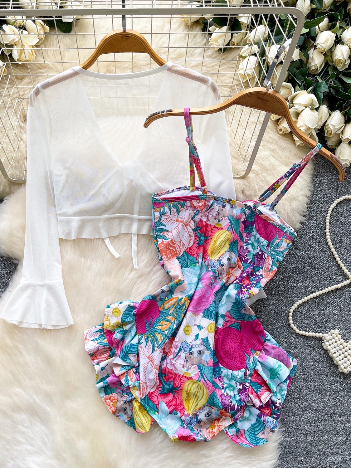 Foamlina Baju Renang Ruffles Ramping Tanpa Lengan Motif Bunga Tali Spaghetti Seksi dengan Pakaian Renang Wanita Fashion Liburan Pantai