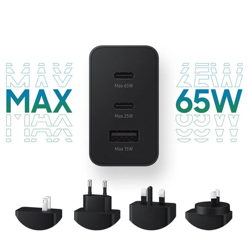 

Original Samsung 65W Trio Port Fast Charger PD USB-C Power Adapter for Samsung Galaxy S23 S22 S21 S20 Note 20 Ultra S10 S9 Plus