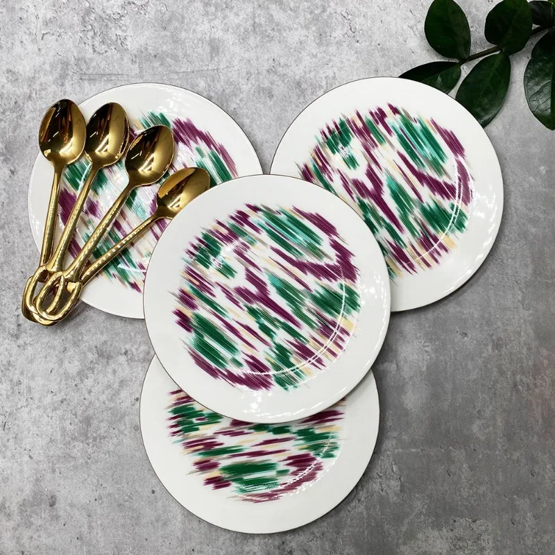 Luxury Hotel Restaurant Bone China Plate Set 6 Inch Salad Dessert Dish with Gold Spoon Fine Porcelain Tableware