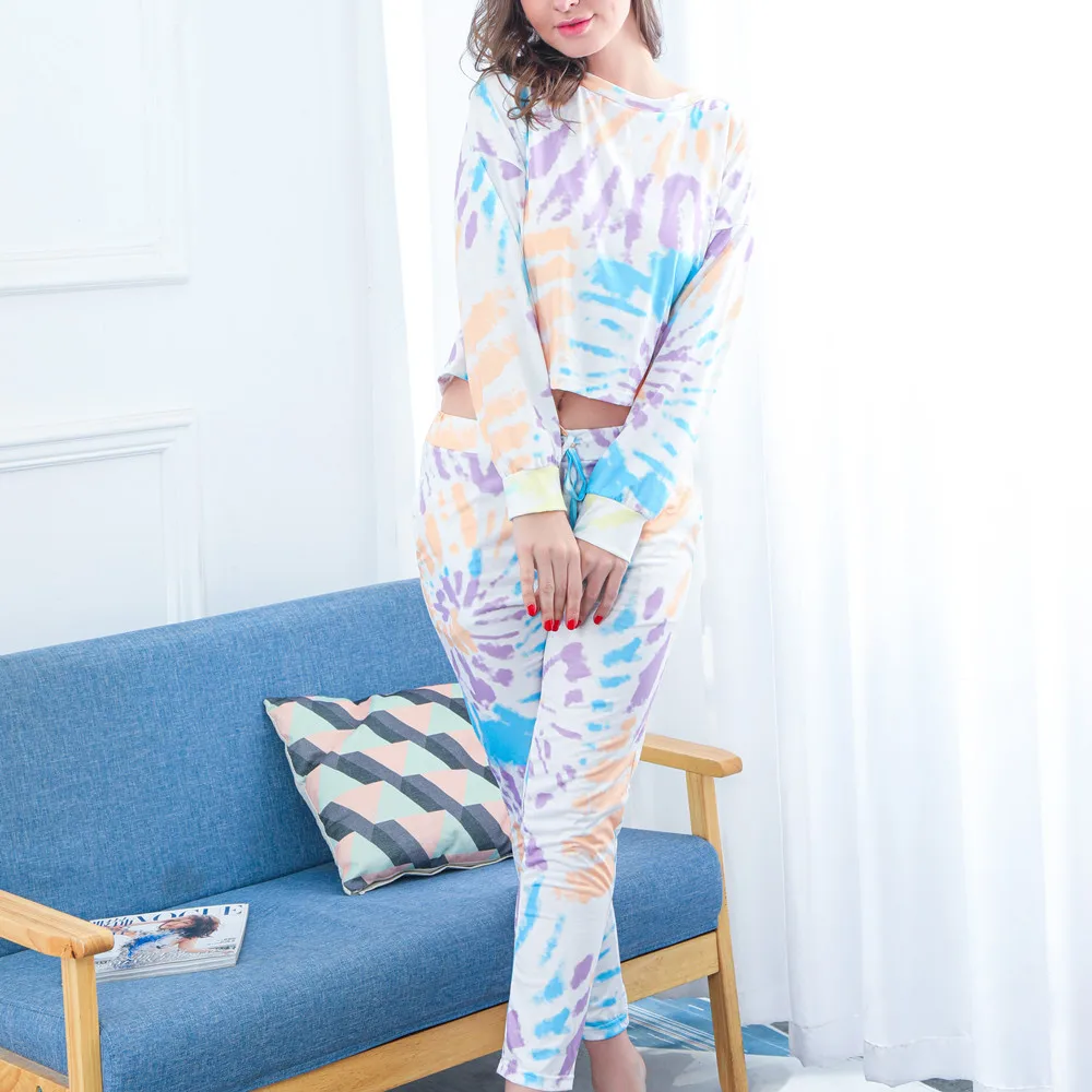 Pajamas for Women Autumn and Winter New Style, Exposed Navel Sports Trend Home Wear Tie Dye Home Wear Set for Women