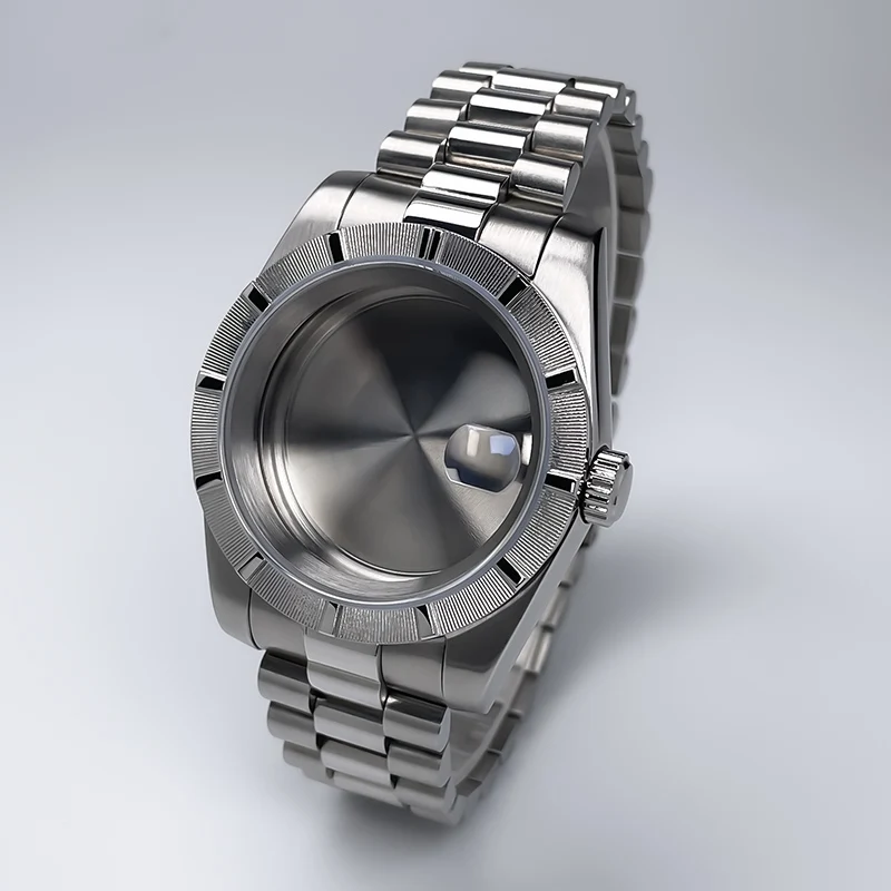 39mm Stainless Steel Watch Case for  Parts with Striped Lines Bezel President Bracelet Sapphire Glass Fit NH35 NH36 Movement
