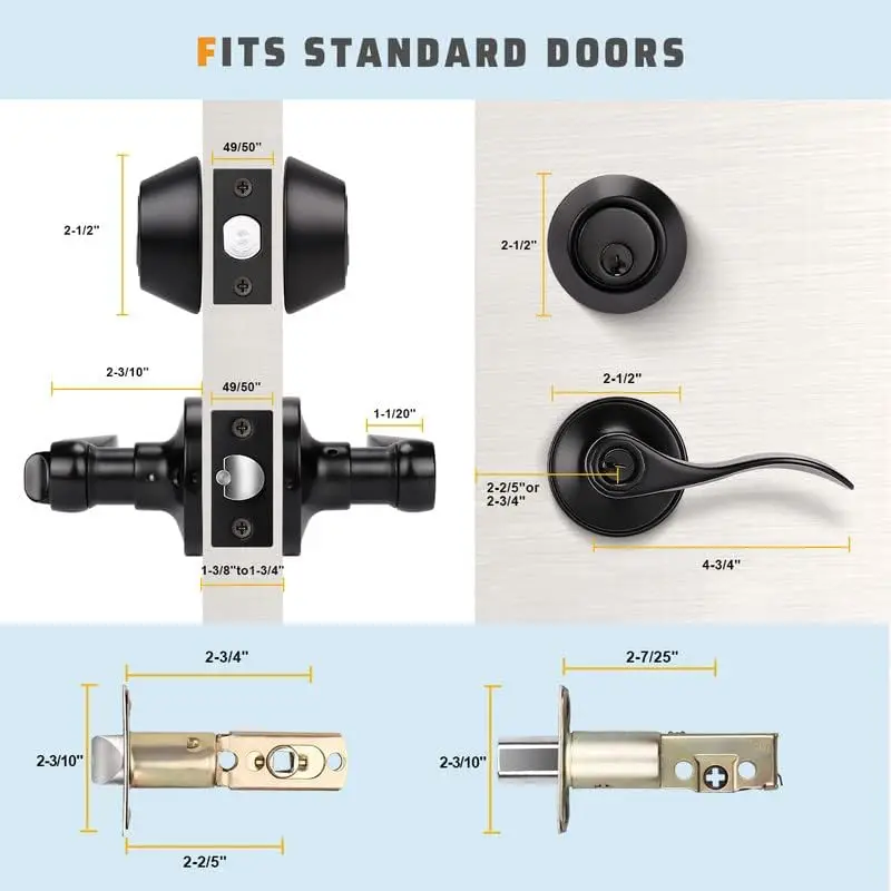 5 Pack Front Entry Door Handle Lock Set with Double Keyed Deadbolt, Same Keys, Matte Black Door Handle Lockset, Wave St