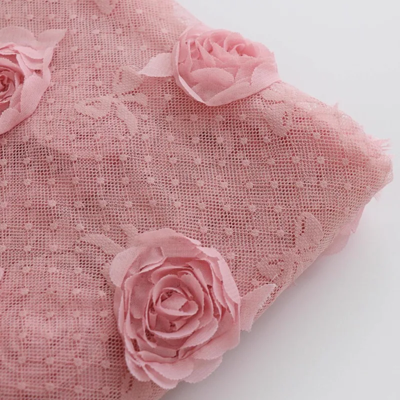 Pink 3D Rose Embroidery Mesh Lace Fabric for Wedding Dress Designer Fabric By The Meter