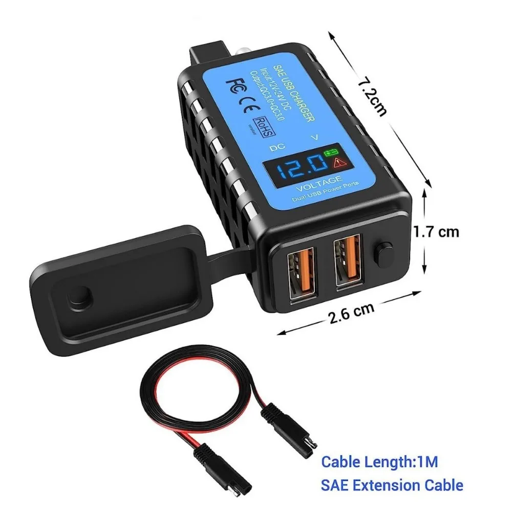 

Motorcycle USB Charger SAE to USB Adapter 36W Dual USB Quick Charge 3.0 with Voltmeter ON/Off Switch 100CM SAE Cable
