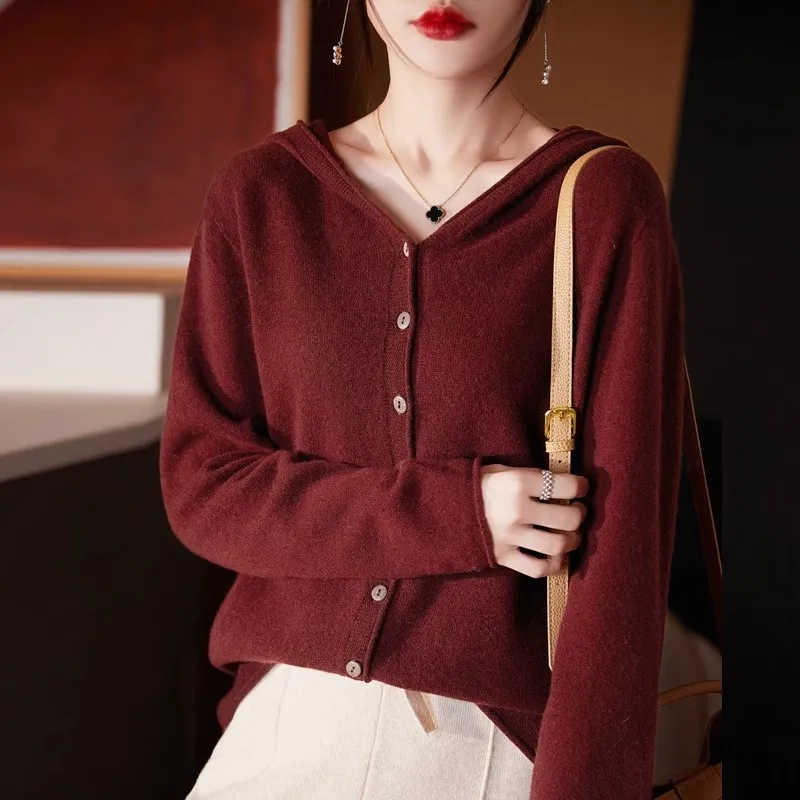 Autumn and Winter Women's New Knitted Cardigan Hooded Multi Button Sweater Underlay Solid Color Fashion Coat Top