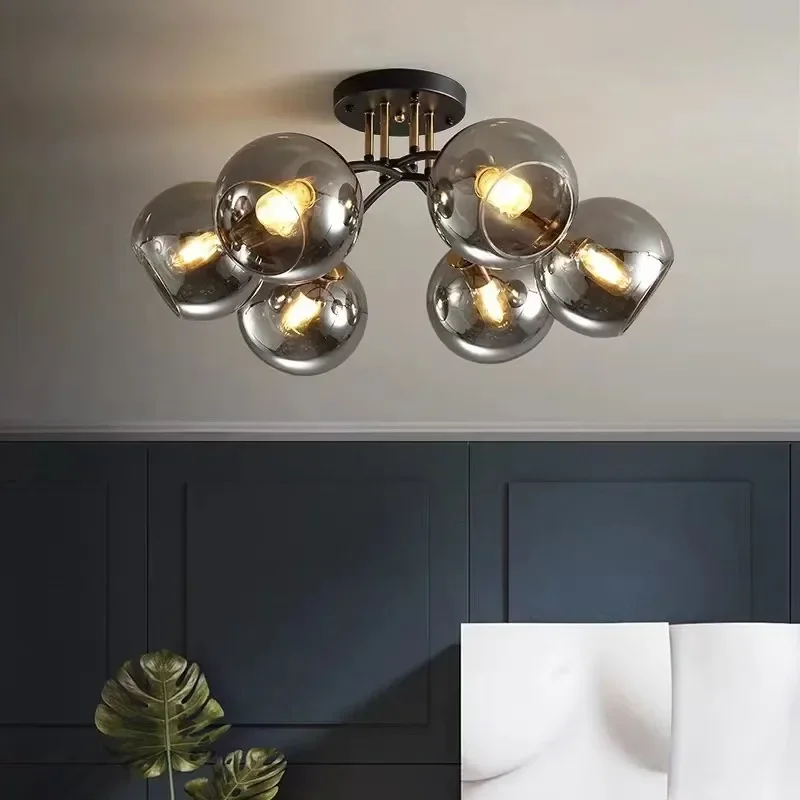 2025 Modern Industrial Ceiling Lights Transparent Smoke Grey Nordic Glass Lampshade Design Black And Gold Lamp Bedroom Decoratio