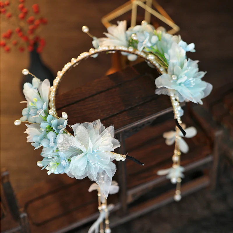 Blue Hanfu Fairy Headdress Pearl Flower Tassel Buyao Headband Lolita Girls Hairpin Hair Accessories Princess Headwear Hair Hoop