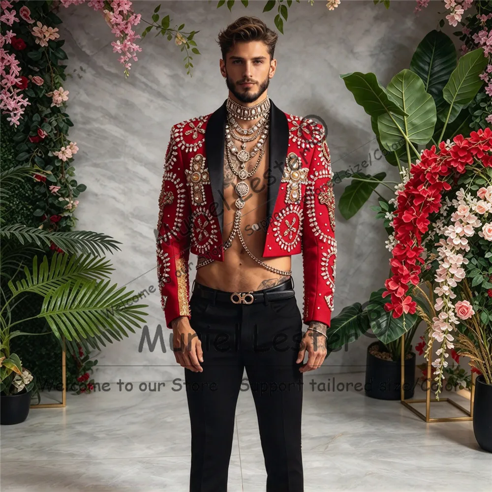 Exclusive Beaded Stones Suits Men For Wedding Single Breasted Jacket Pants 2 Pieces Groom Tuxedo Customized Trajes Para Hombre