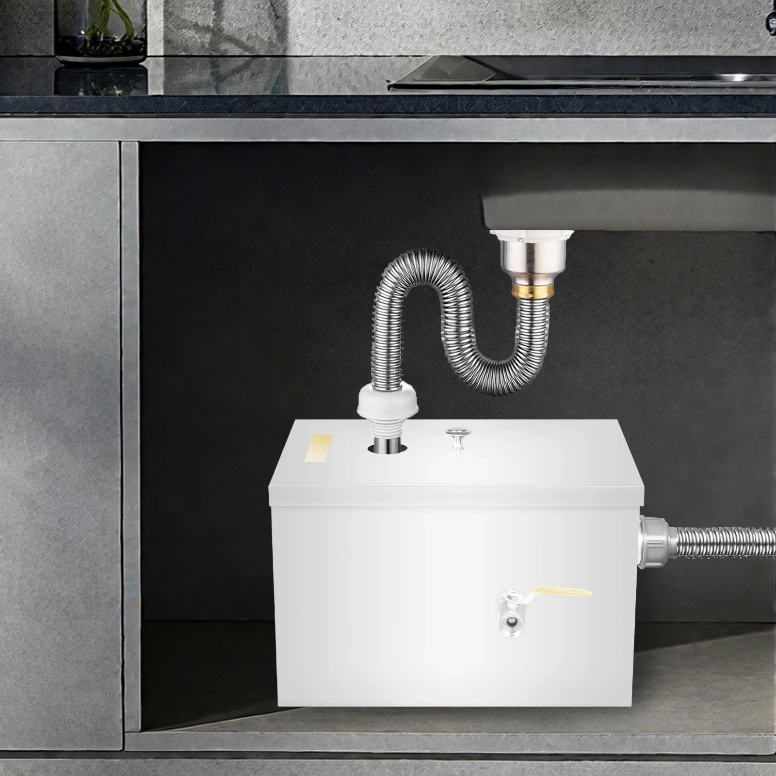 معترض الشحوم التجاري من الفولاذ المقاوم للصدأ سعة 18 لترًا، مصيدة شحم تحت المغسلة، مع مدخل مياه جانبي للمطبخ #3