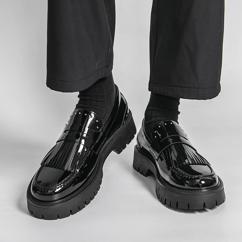 Classic Men's Business Casual Shoes Comfortable Leather Slip-On Tasseled Loafers Breathable Thick Sole Moccasins Driving Shoes