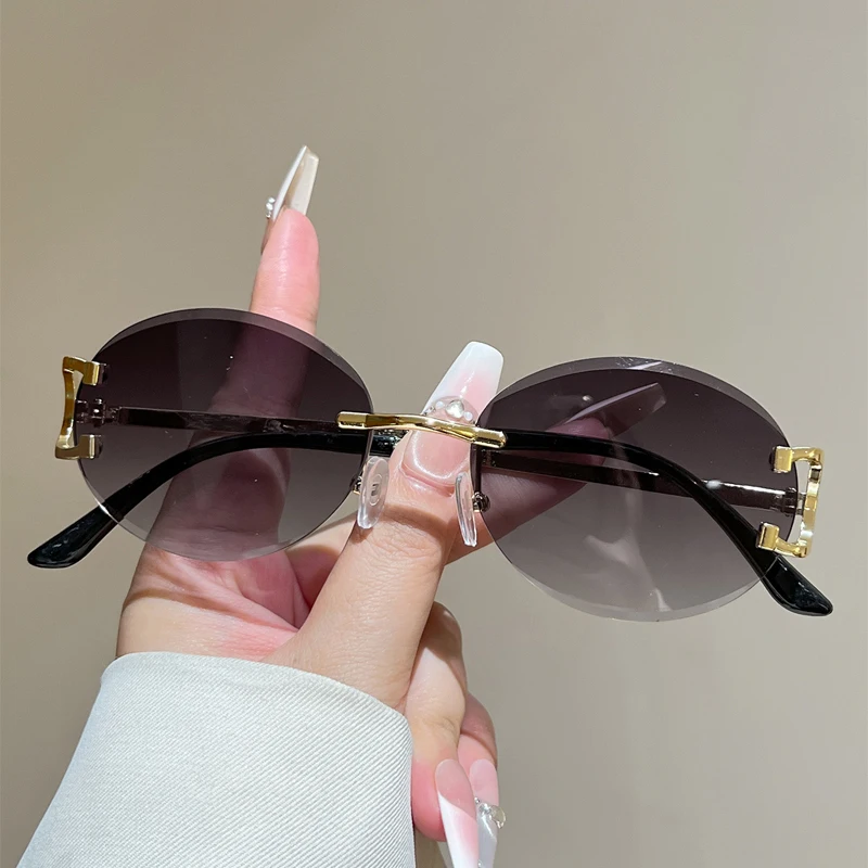 KAMMPT Rimless Oval Sunglasses Men Fashion Luxury Brand Design Statement Shades Women Trendy Vintage Gradient Decor Sun Glasses