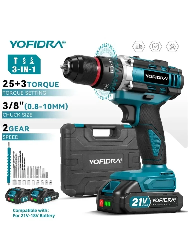 YOFIDRA 3-IN-1 25+3 Drehmoment-Elektro-Schlagbohrmaschine Kabellose Schlagbohrmaschine Haushalts-Holzbearbeitungs-Elektrowerkzeug für Makita 18-21V Akku