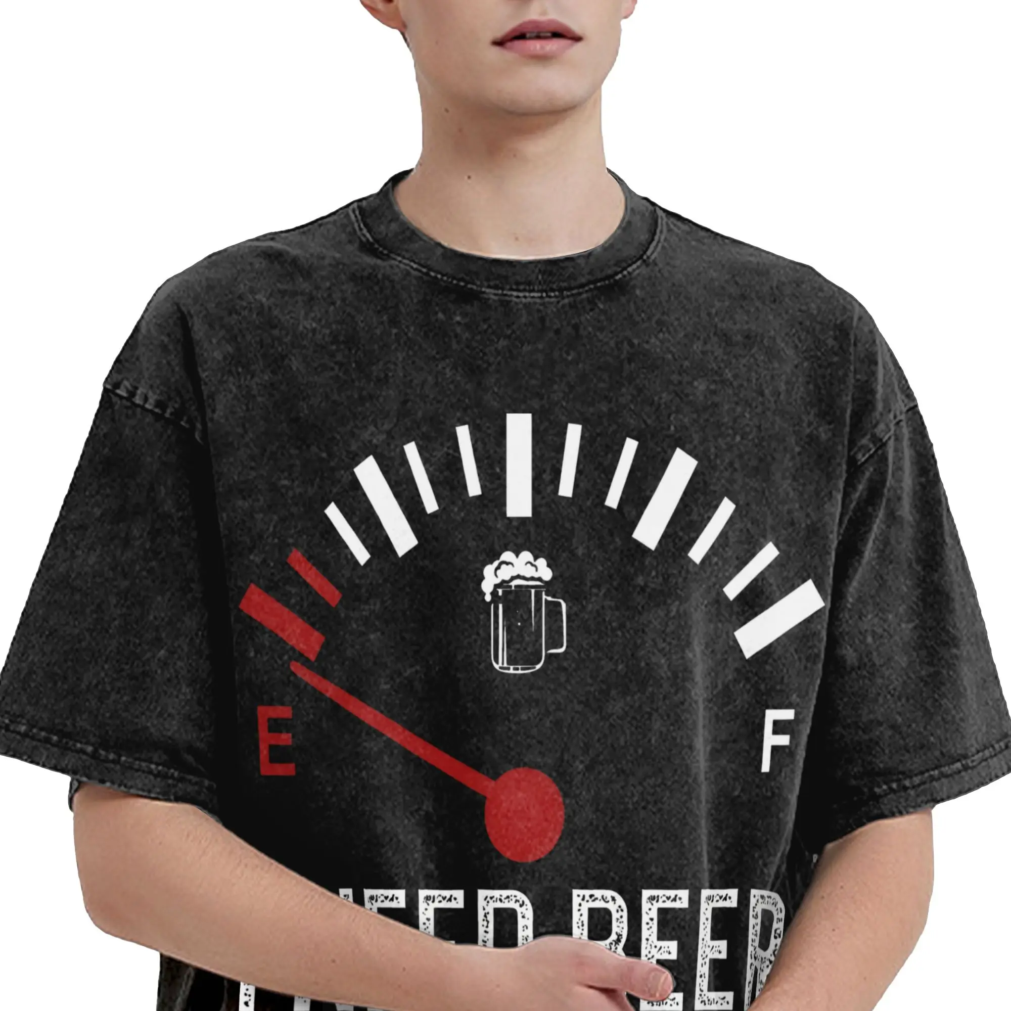 Vintage Washed T-Shirt I Need A Beer  Cotton T-Shirts Fuel Gauge Novelty Tee Shirt for Men Summer Y2K Basic Casual Tees