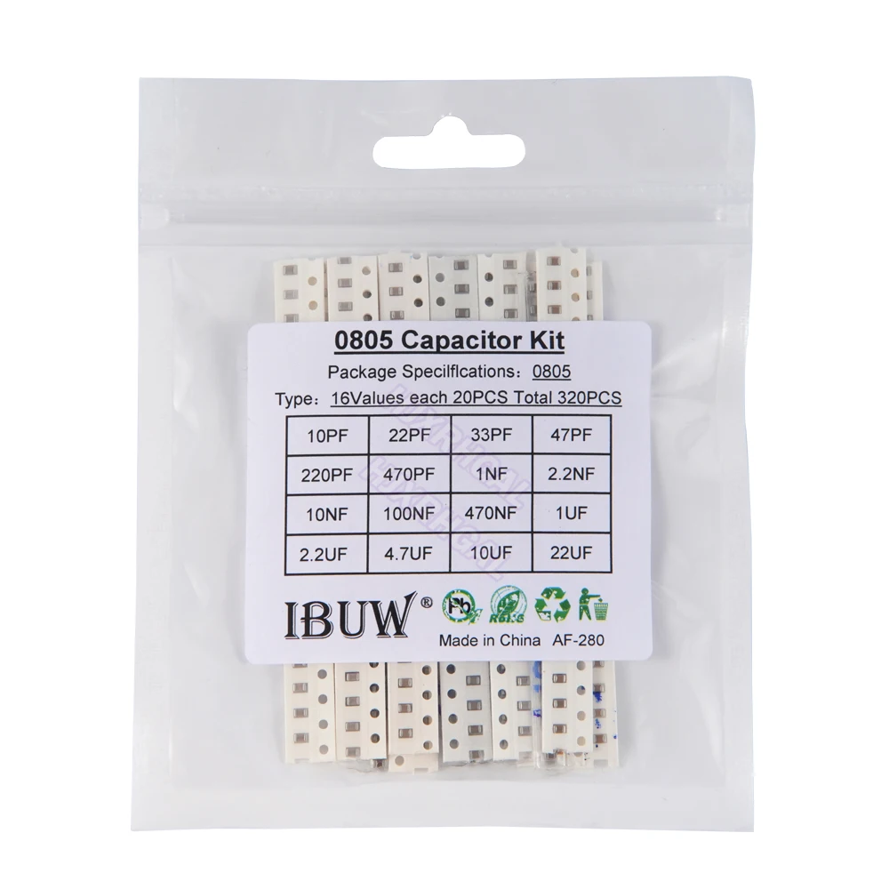 Kit de amostras de componente diy, 16 valores * 20 peças = 320 peças 0805 capacitor smd sortido 10pf-trajm kit novo e original