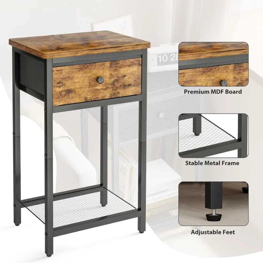 Nightstands com gaveta, mesa lateral final, mesa de cabeceira com prateleira, sala e quarto, conjunto de 2