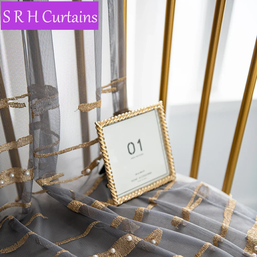 

European Golden Embroidery Curtain Grey Stripe Pearls Sheer Tulle Living Room Curtains For Bedroom Kitchen Window Drapes Rideaux