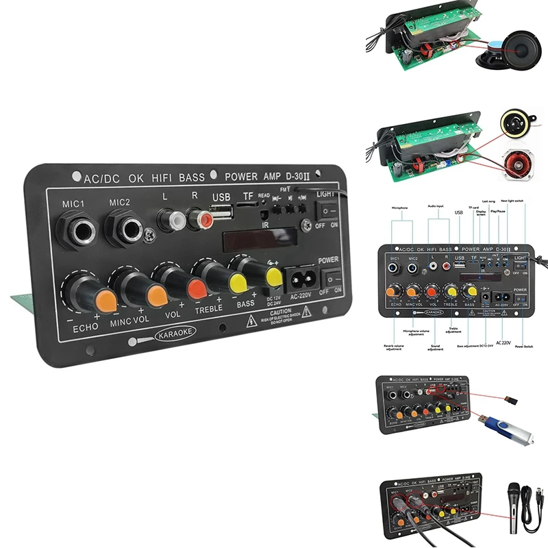 12V 24V 220V Digital Bluetooth Amplifier Board Subwoofer Dual Microphone Karaoke Amp Speaker Theater DIY 30W