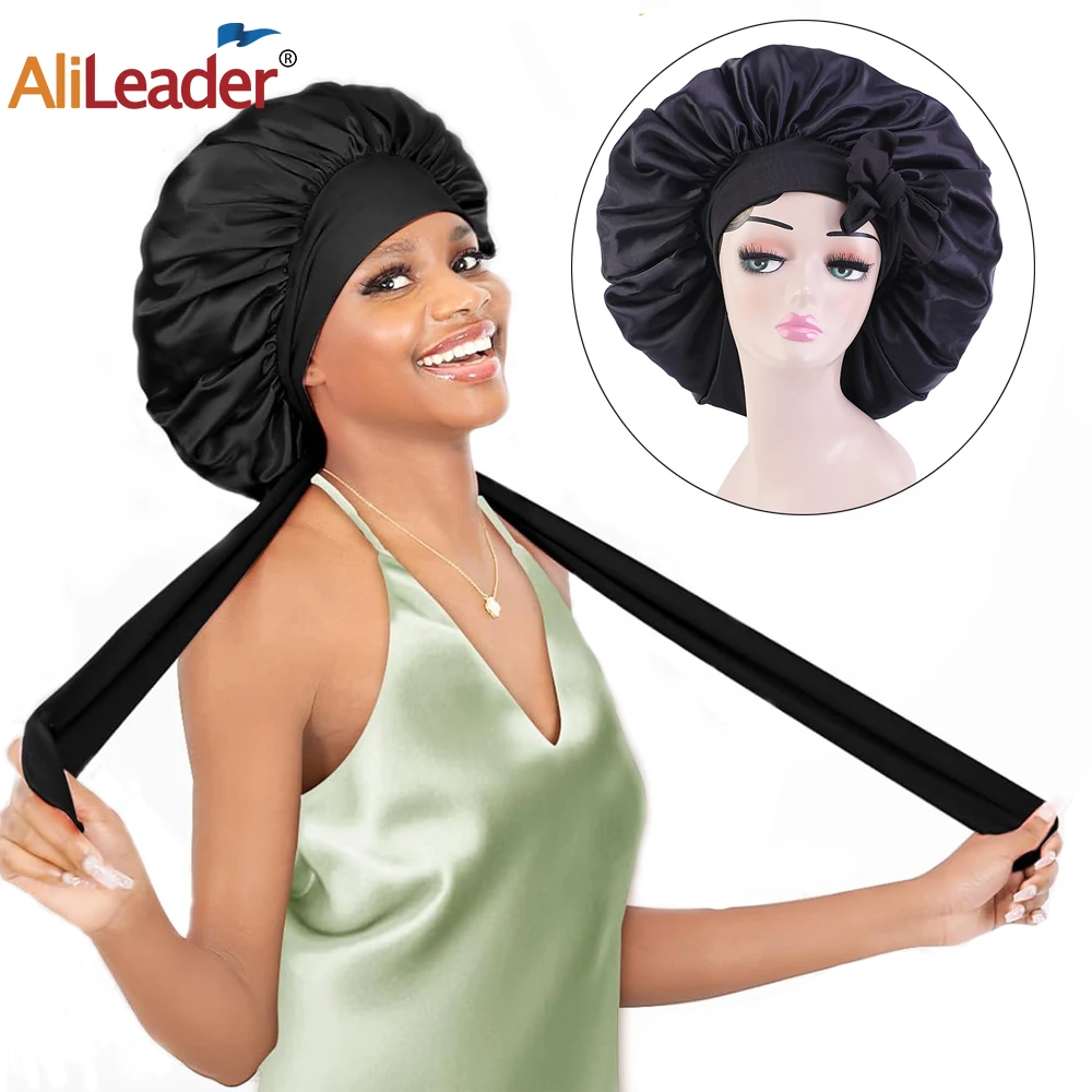 Black Satin Sleeping Cap For Women Solid Wide Band Stretch Head Tie Silky Bonnet Edge Wrap Nightcap Hair Care Shower Head Cover