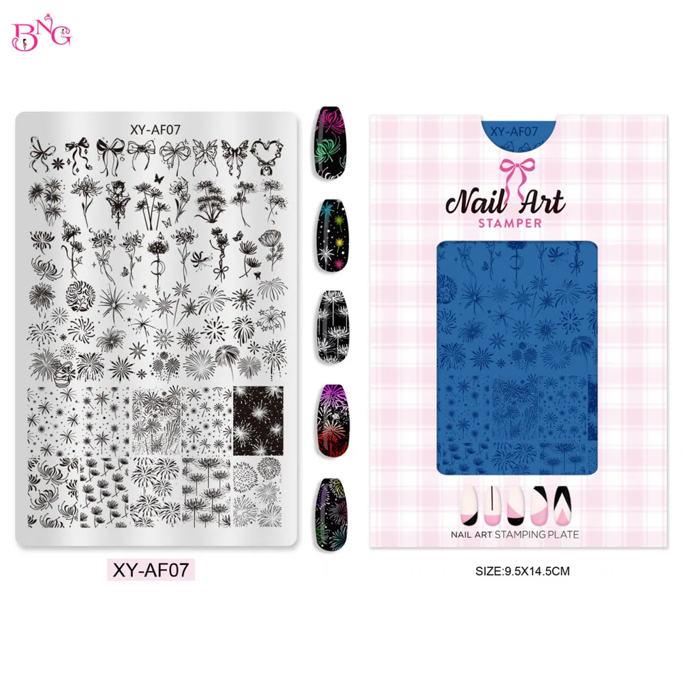 BNG Placas de Estampado para Uñas con Diseños de Cuadros y Flores, Plantillas de Verano para Estampado, Herramientas de Impresión DIY para Manicura 2