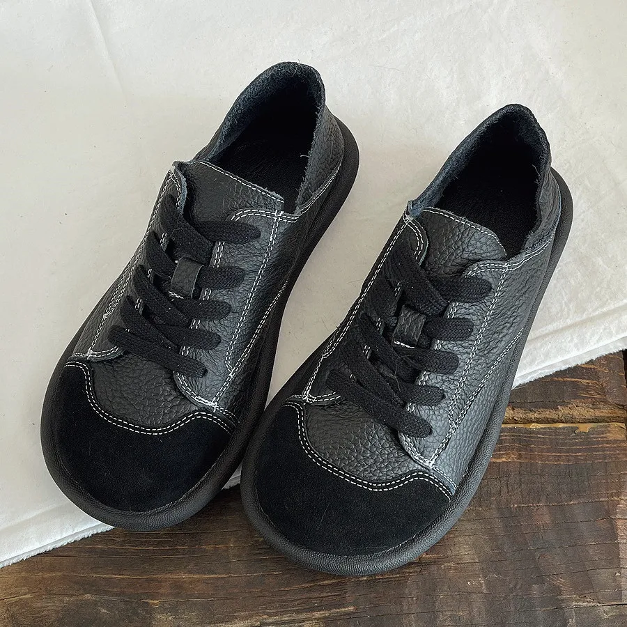 Designer black leather suede patched sneakers wide toe ladies lace up sneakers women outdoor vulcan shoes soft toe flat moccasin