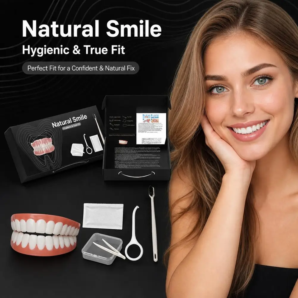 Temporary Teeth Replacement Kit Upper 7.2cm Lower 6.9cm Cosmetic Denture Veneers with Box Cleaning Brush Tweezers Thermoplastic